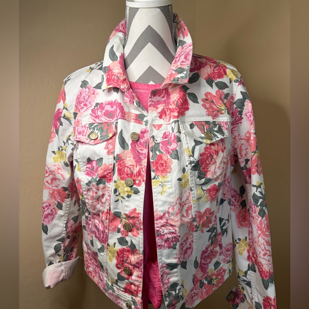 Talbots White Denim Jacket with Pink Floral Print
